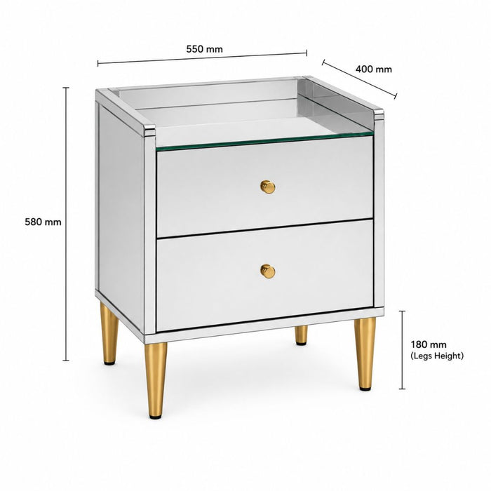 Astoria Mirrored Bedside Table – 2 Drawers