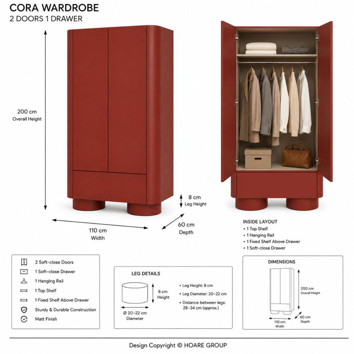 Cora Wardrobe – 2 Doors 1 Drawer