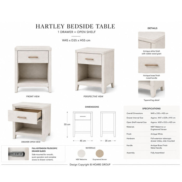 Hartley Bedside Table with Drawer & Shelf – Antique White