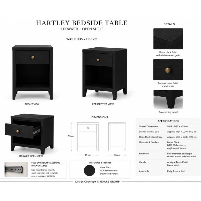 Hartley Bedside Table with Drawer & Shelf – Matte Black