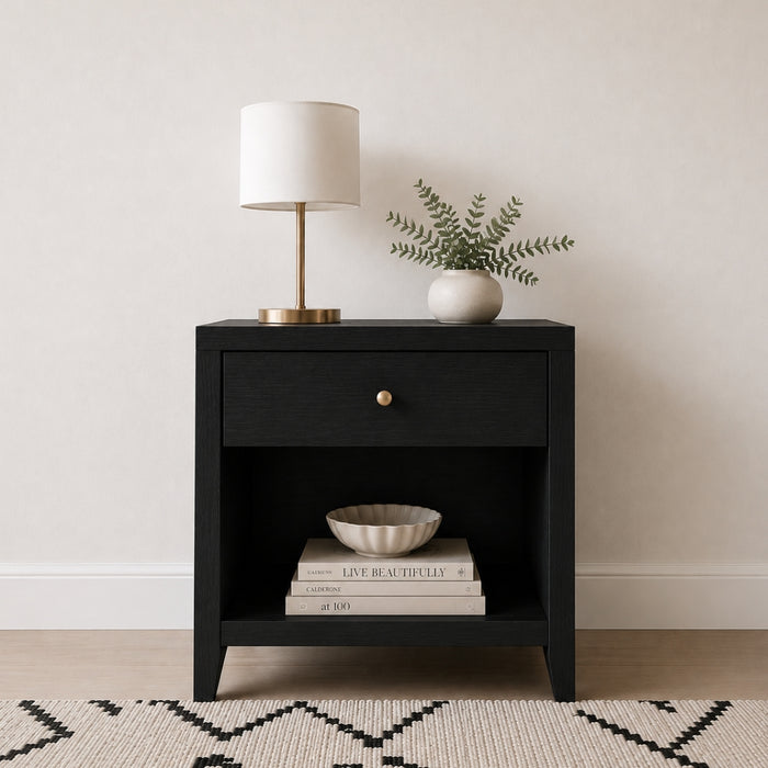 Hartley Bedside Table with Drawer & Shelf – Matte Black