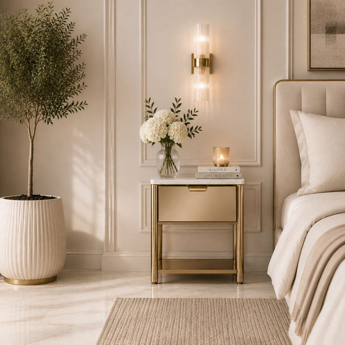 Monaco Mirrored Bedside Table – Drawer & Shelf