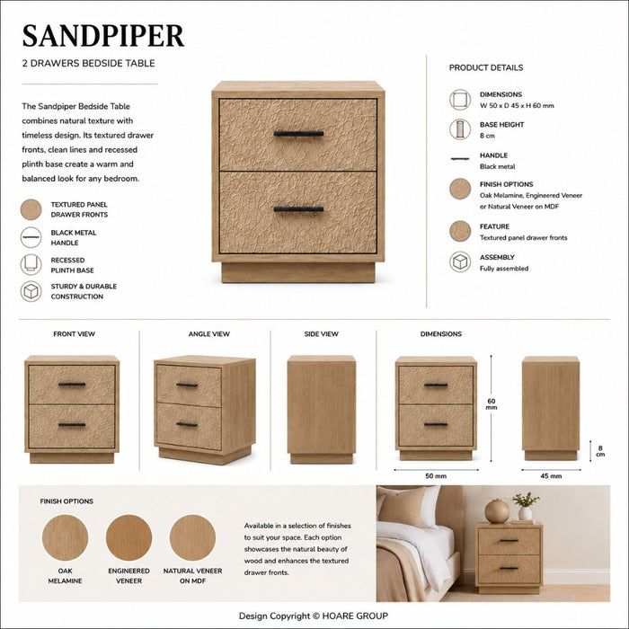 Sandpiper Bedside Table – 2 Drawers, Plinth Base