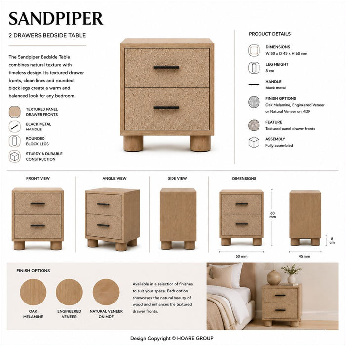 Sandpiper Bedside Table – 2 Drawers, Rounded Legs